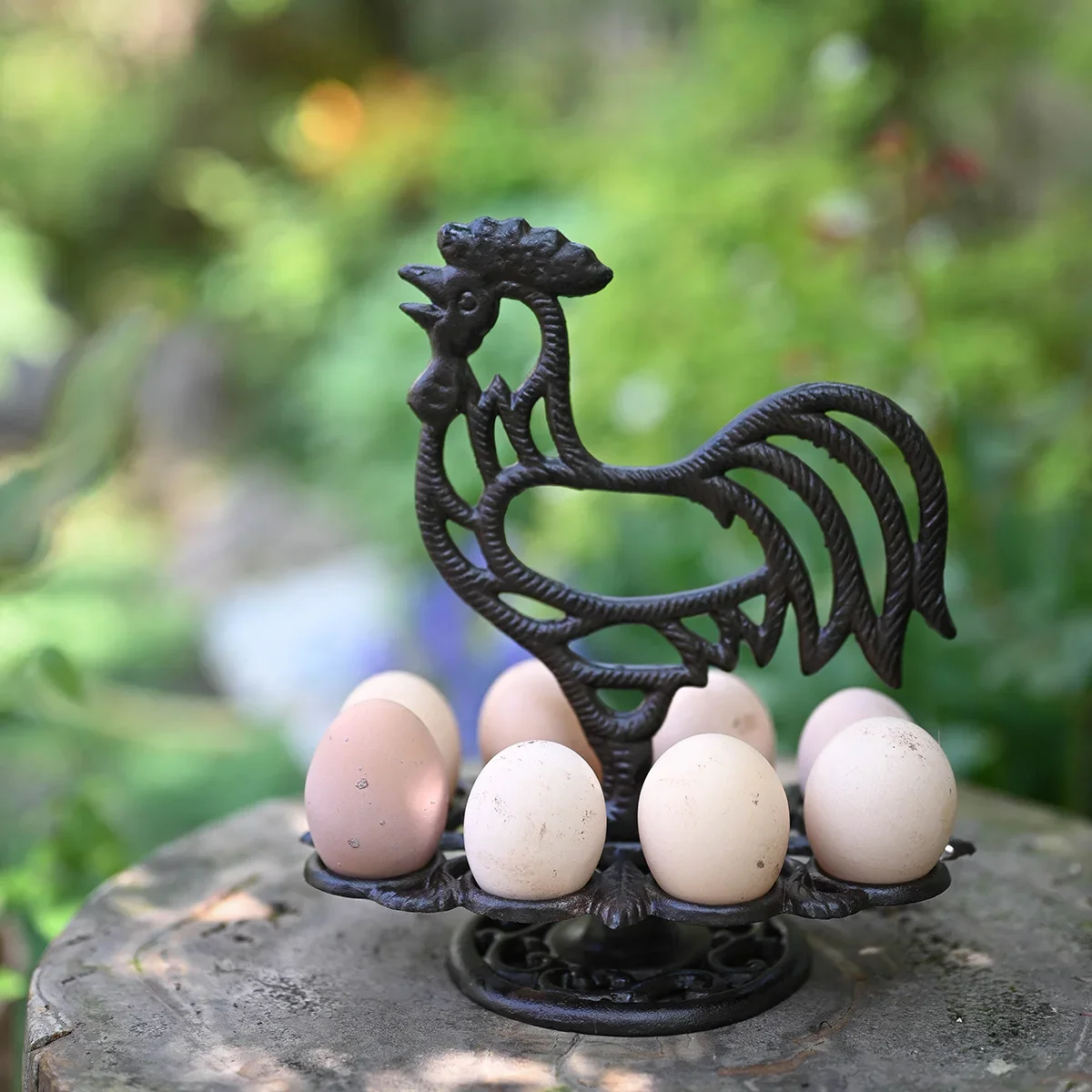 Antique Black Cast Iron Rooster Fresh Eggs Holder 8 Pieces Countryside Handmade Kitchen Tabletop Decor Display Storage Shelf