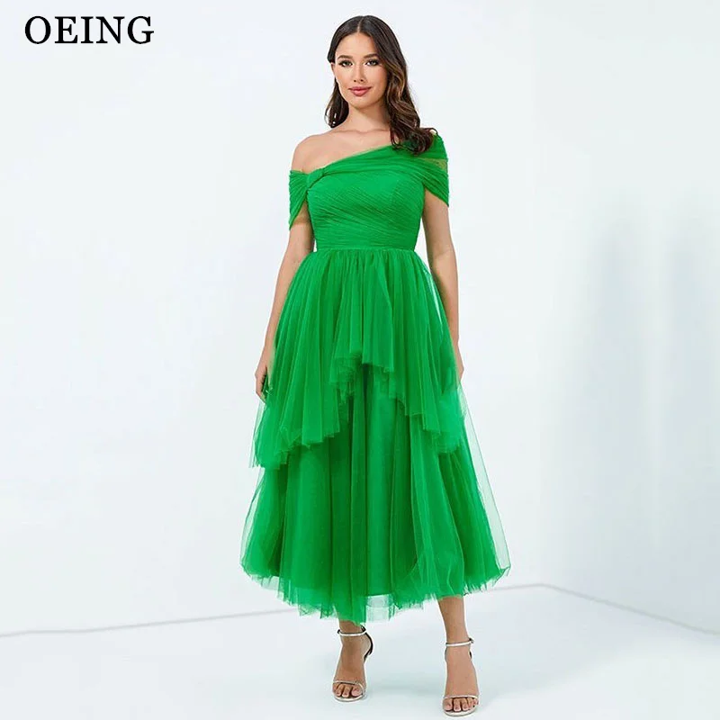 

OEING Simple A-Line Green Prom Dresses One Shoulder Party Gowns Pleats Tiered Floor-Length Soft Tulle Dress 2025 Customized