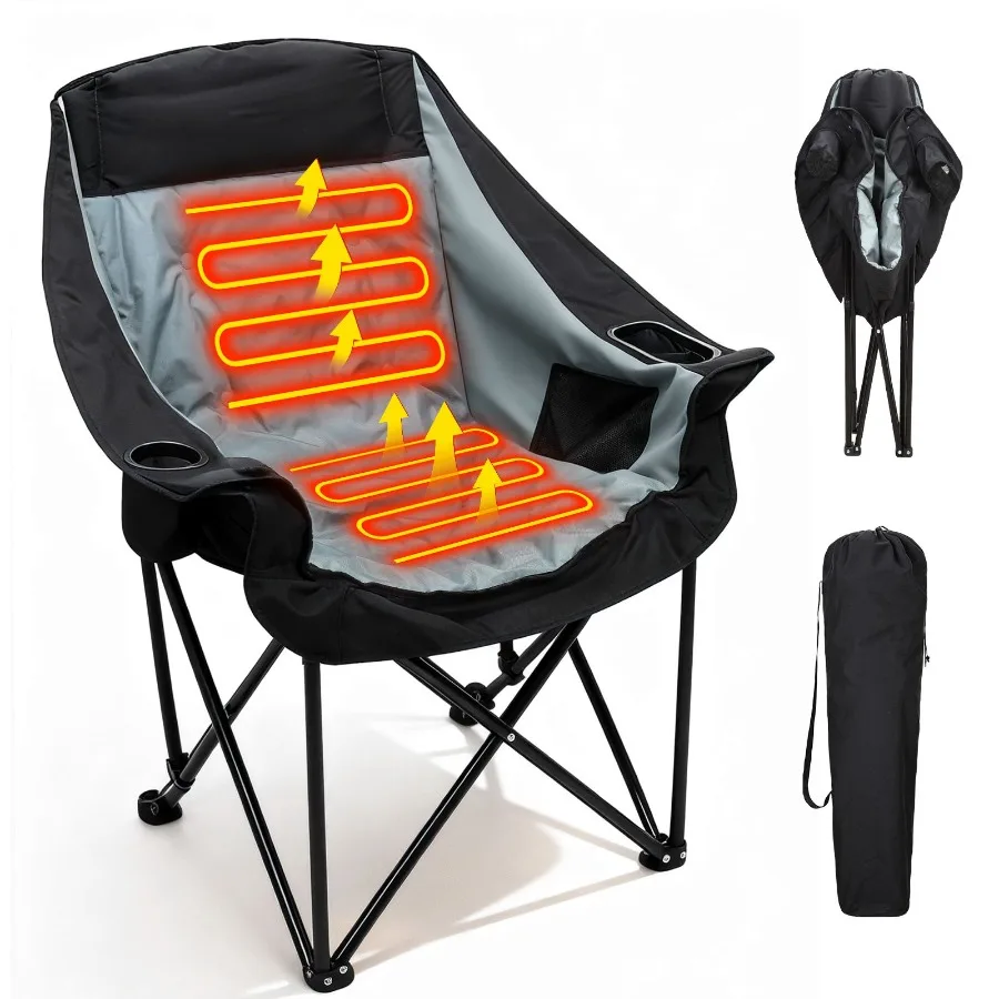 

Oversized heated camping chair for outdoor use, polyester fabric, black, 3 heat levels and portable folding design