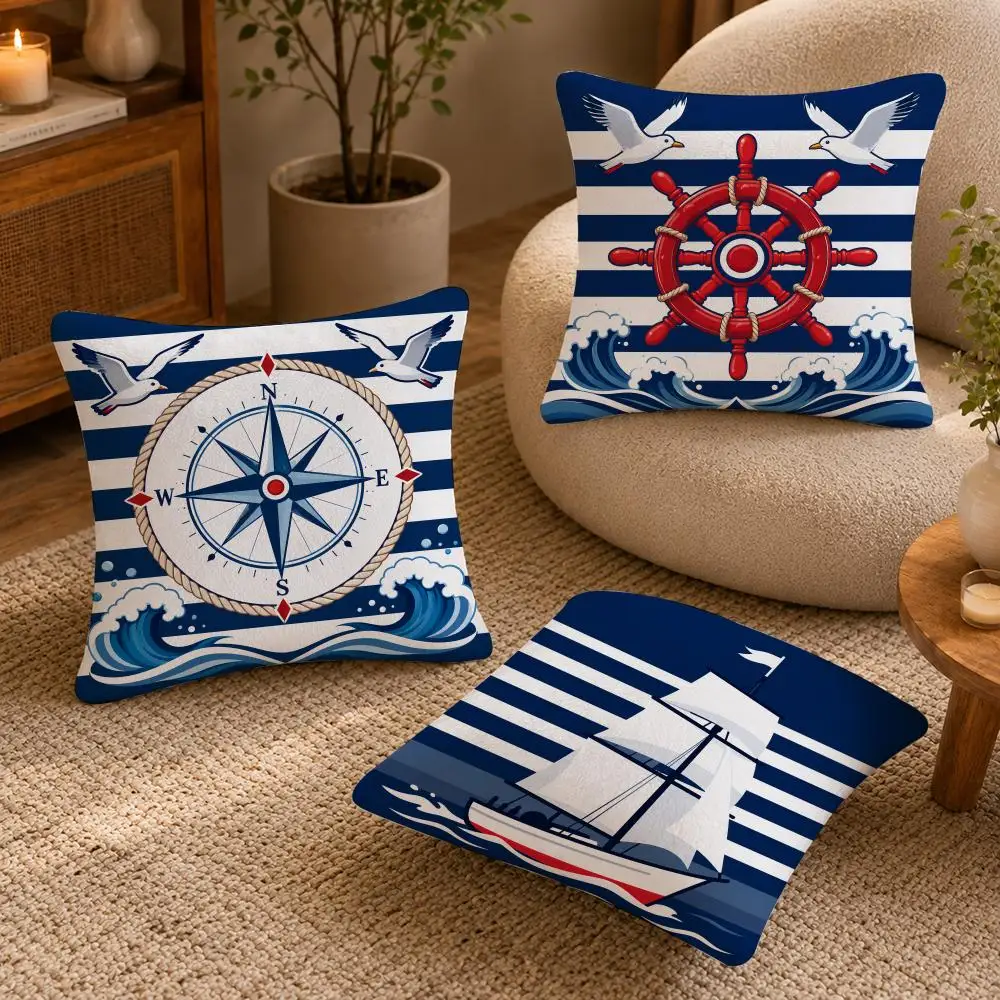 Blue White Striped Marine Cushion Cover Soft Short Plush Pillow Case Double Sided Print Washable Sofa Bed Home Decor Gift