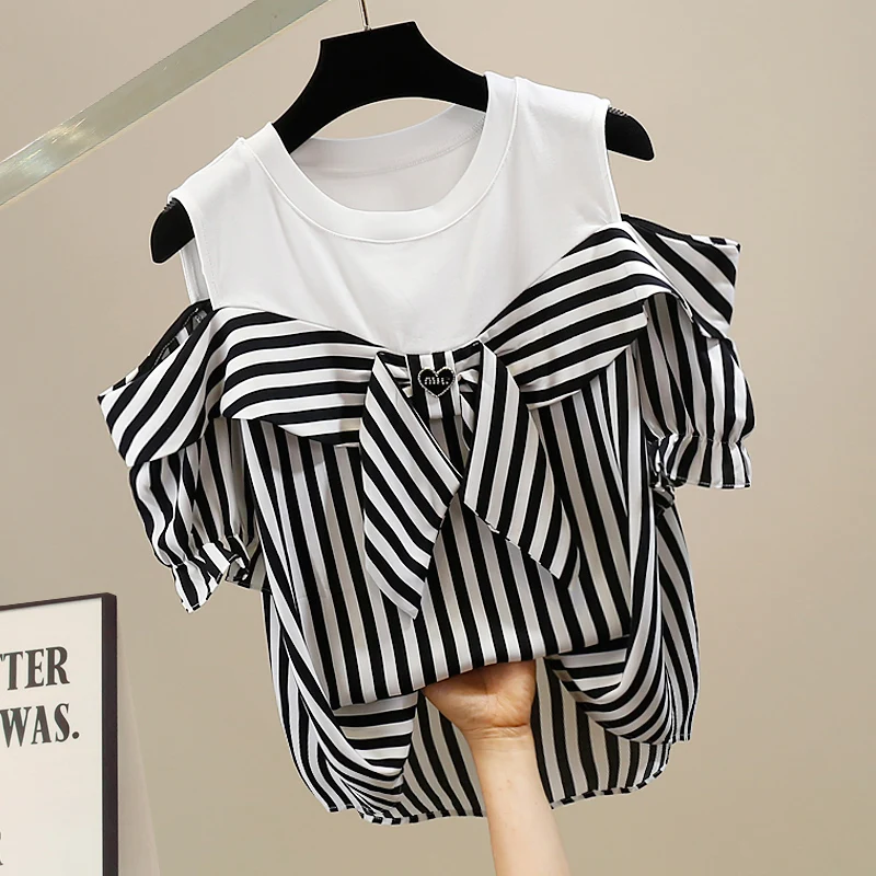 

Faionable Sweet Knot Stripe irt Color Blo Hollow out oulder Loose ort Sve Korean Sle Commute irt