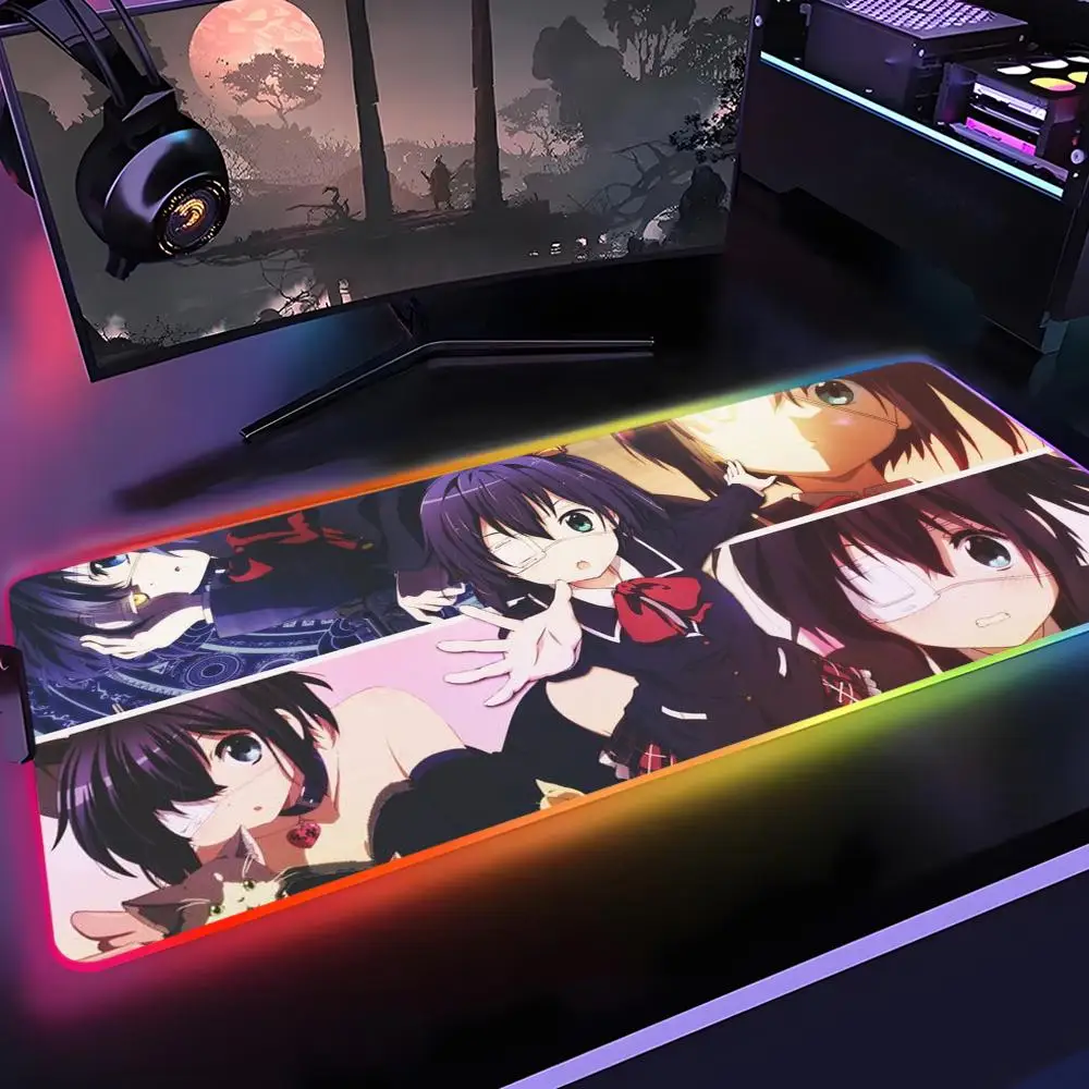 Takanashi Rikka Anime Mouse Pad Gamer Rgb Desk Mat Back Light Led Mousepad Setup Gaming Accessories Deskmat Big Mousepad