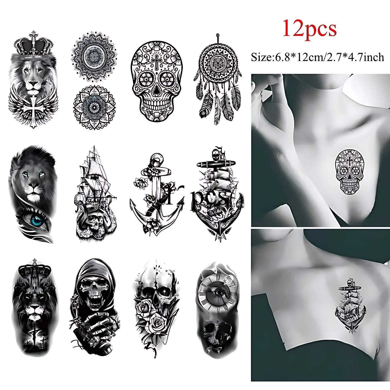 12pcs Removable Fake Temporary Tattoo Lion Pirate Ship Skeleton Anchor Water Transfer Tattoo for Boys Men Adult Chest Forearm