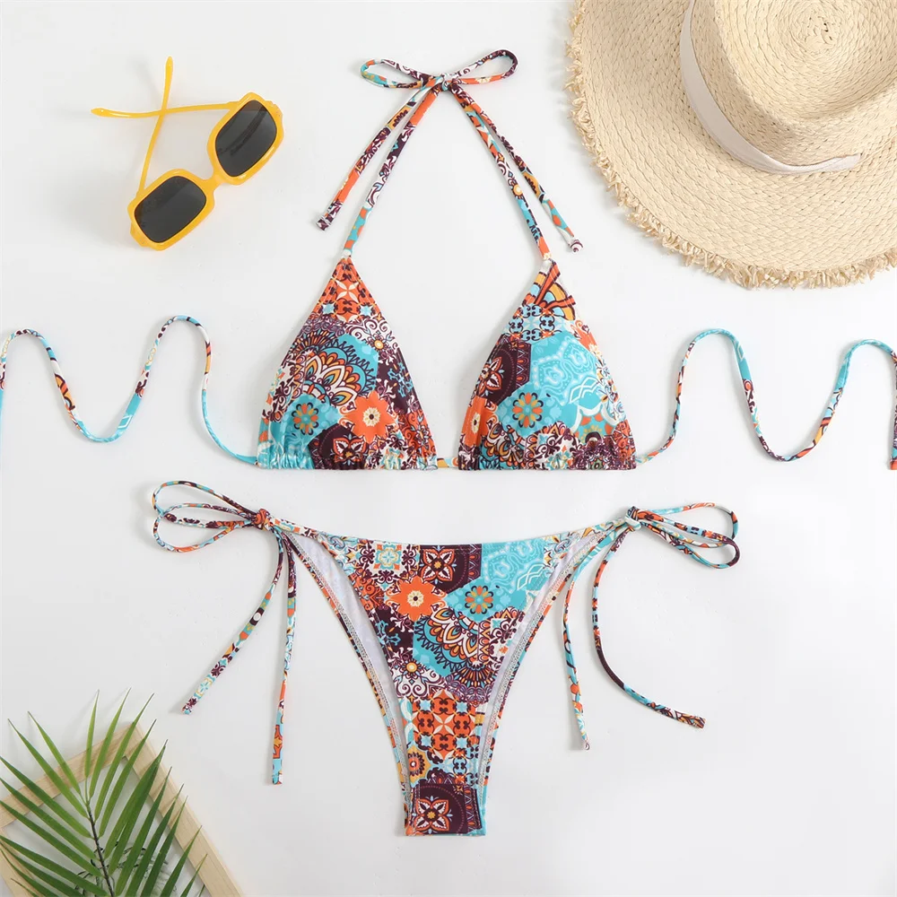 

Vintage Print Swimsuit Backless String Bikini Thong Boho Vacation Swimwear Beach Outfit Women Bathing Swimming Suit Bikinis Set