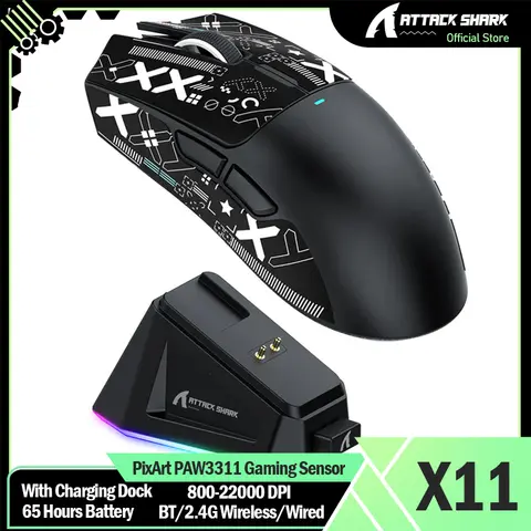 ATTACK SHARK X11 무선 게이밍 마우스(충전 도크 포함) PixArt PAW3311 게이밍 센서, BT/2.4G 무선/유선