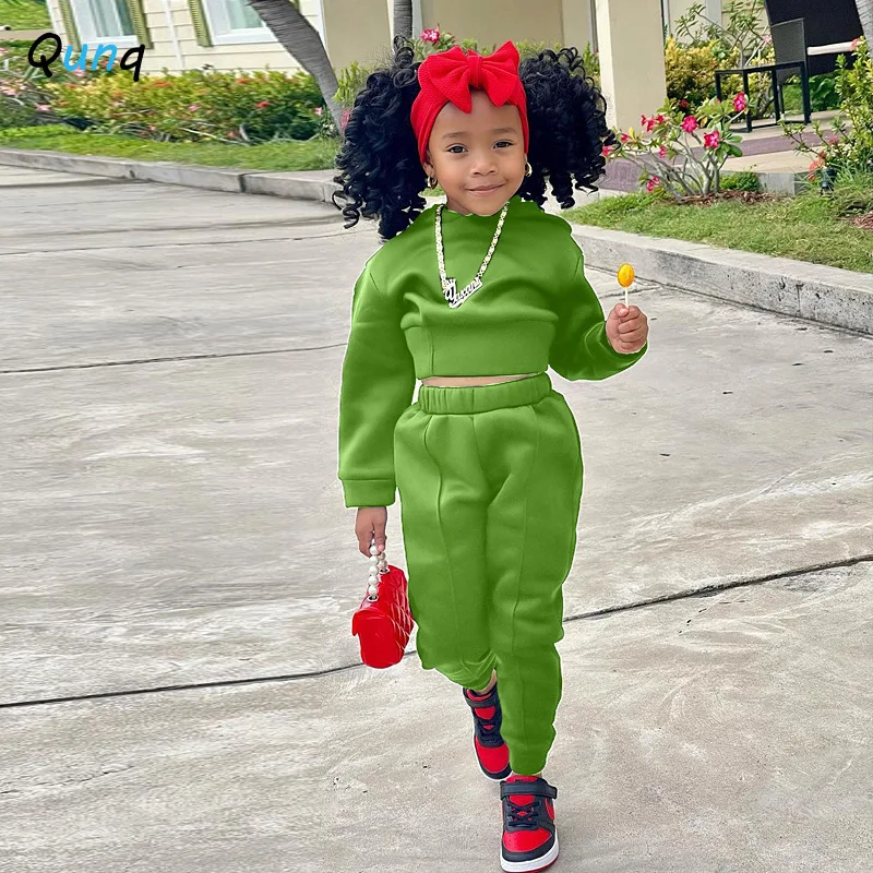 Qunq Children Clothing 2023 Autumn Winter Girls New Casual Sports Hoodie Solid Color Hooded Two-piece Set kids clothes