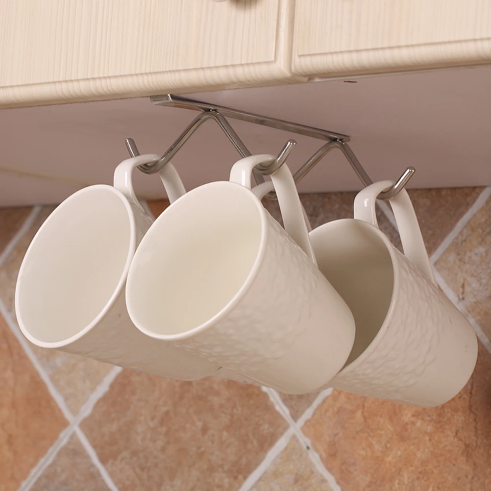 

Shelf Stainless Steel Cup Rack under Cabinet Hanger Mug Hooks Silver Coffee Hanging