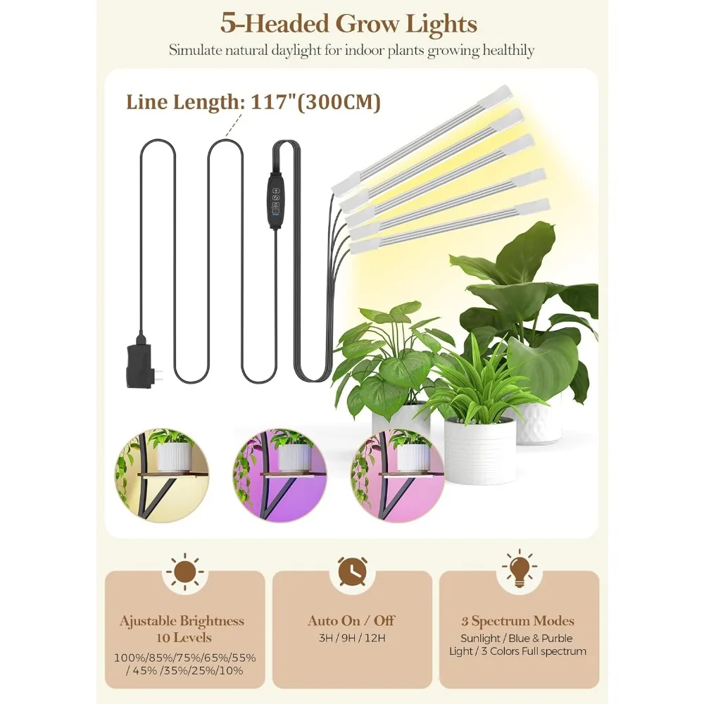 Soporte alto para plantas de interior con ruedas y luces de cultivo, 64 de altura, metal de varios niveles para iluminar plantas de esquina