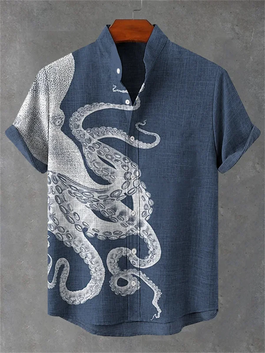 Men's short-sleeved shirt with fun octopus print, loose and breathable linen-like casual top, Hawaiian shirt, sizes XS-6XL