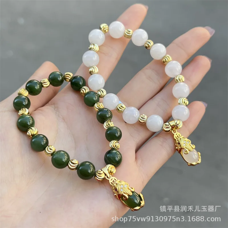 Natural White Round , Hetian Green Bracelet, Unisex Jade Bead Strand