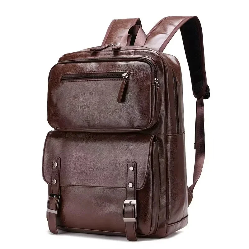 Vintage PU Leather Men Business Travel Backpack Large Capacity Male Laptop Bag Fashion School Bags For Boys