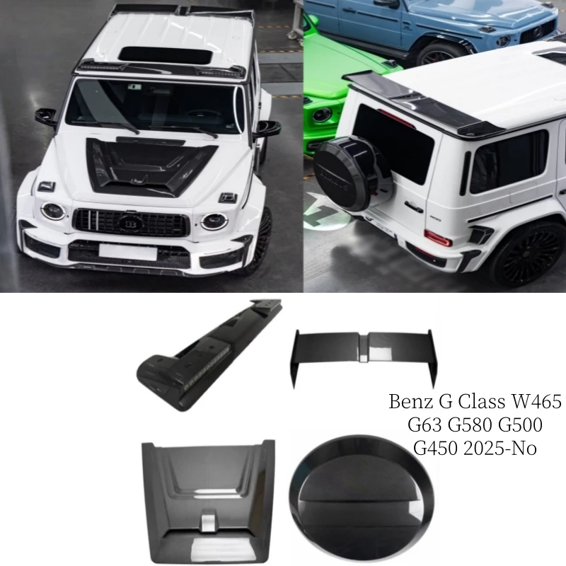 

Для Benz G Class W465 G63 G580 G500 G450 2025-НО капот двигателя из углеродного волокна, передний светодиодный спойлер на крышу, задний сплиттер, крышка запасного колеса