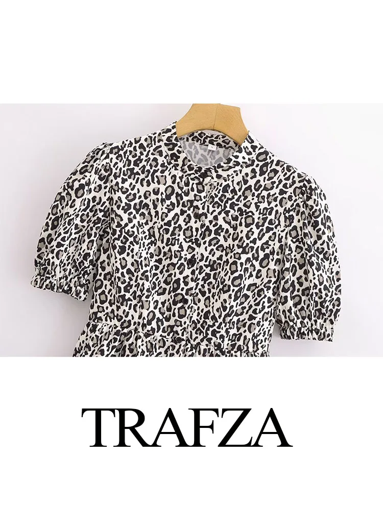 TRAFZA Women Chic Set Leopard Print O-Neck Half Sleeves Single Breasted Casual Shirts+High Waist Elastic Waist Pockets Pants Set