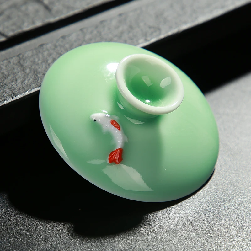 Celadon tea set cover bowl teapot fish cup set Longquan celadon color carp tea set accessories