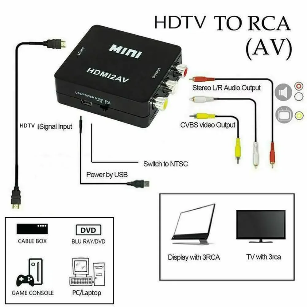 1080p hdtv para rca av adaptador rca para hd-mi cabo conversor cvbs 3rca hdmi2av áudio de vídeo composto para hdmi pc ps3 xbox