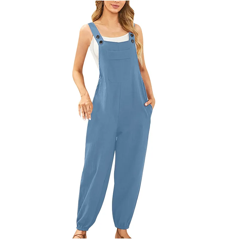 Women's European and American 2025 summer cotton and linen jumpsuit pocket overalls casual overalls small leg pants