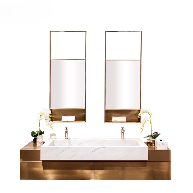 High end light luxury style large size wall-mounted bathroom vanity cabinet with two mirror cabinets