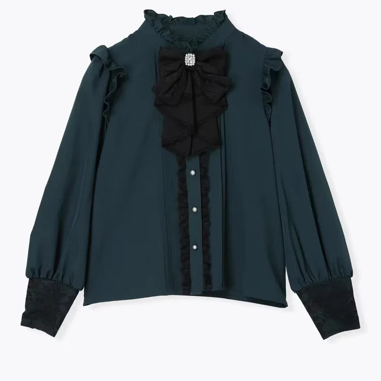 Japanese Mine Style Sweet Cute Stand Collar Bow Ruffles Long Sleeves Single-breasted Loose All-matched Lolita Shirt Tops Women