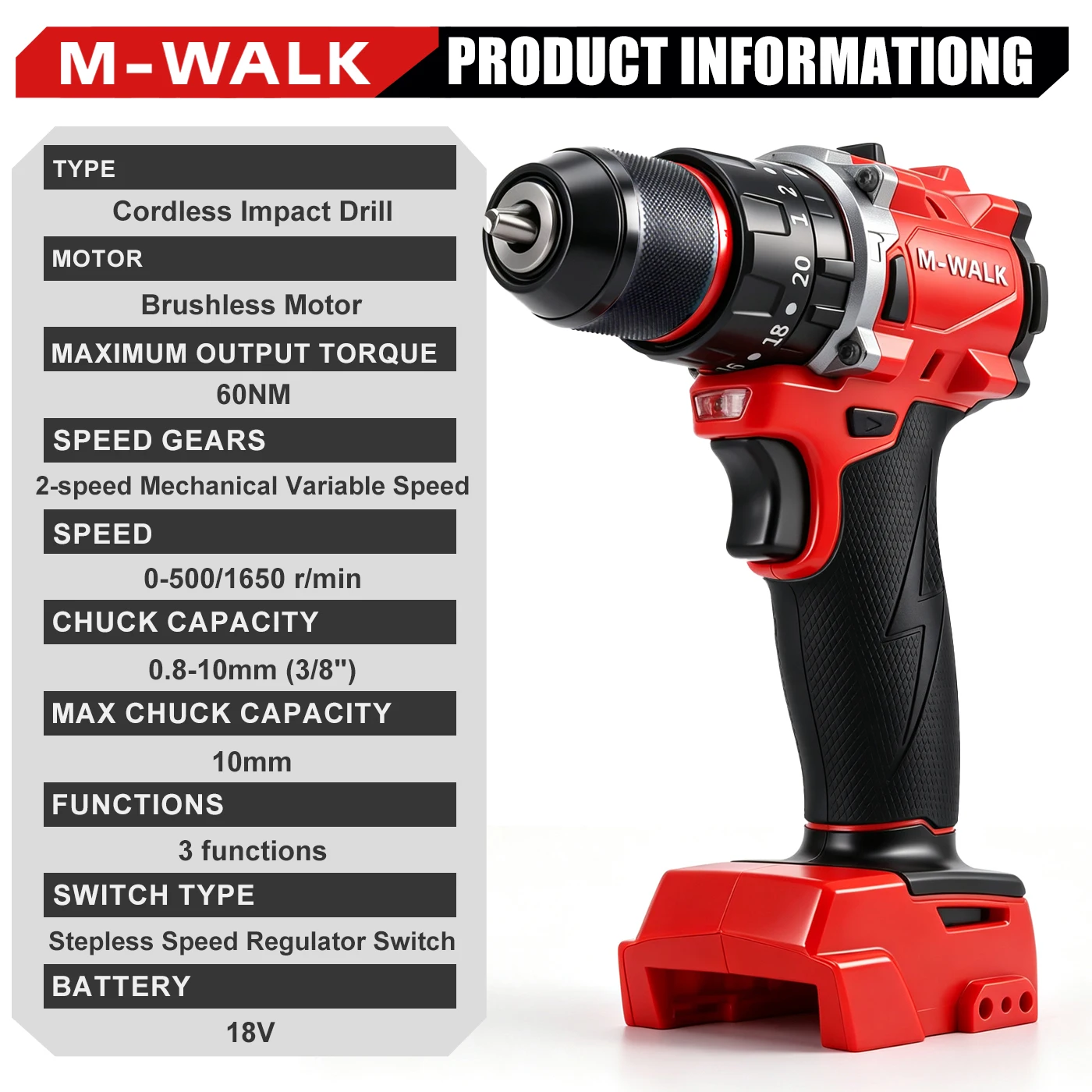 M-WALK Brushless Impact Drill Electric Screwdriver Cordless Electric Drill Driver 2 Gear For 18V Battery Power Tools