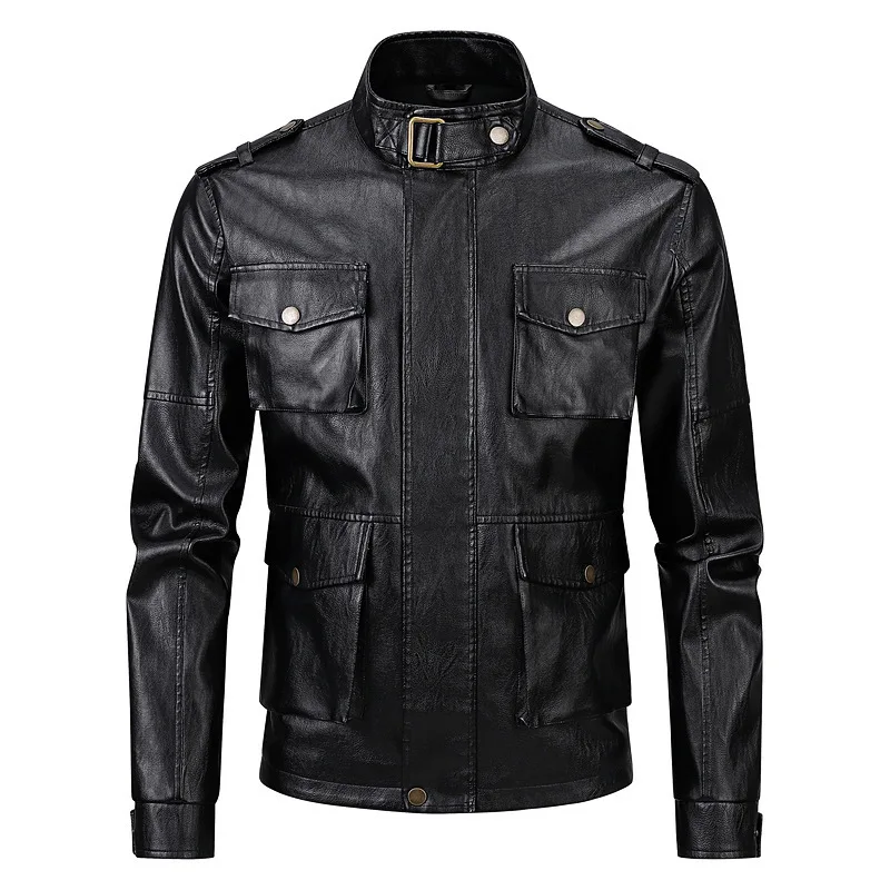 Autumn  men's zipper leather jacket European style trendy stand up collar multi pocket motorcycle leather jacket windproof  top