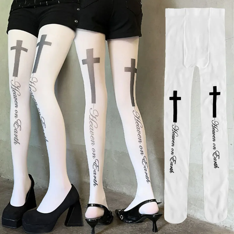 New Cross Letter Print Pantyhose for Women Gothic Punk White Graffiti Letter Print Slim Fit Long Socks Y2K Style Harajuku Tights