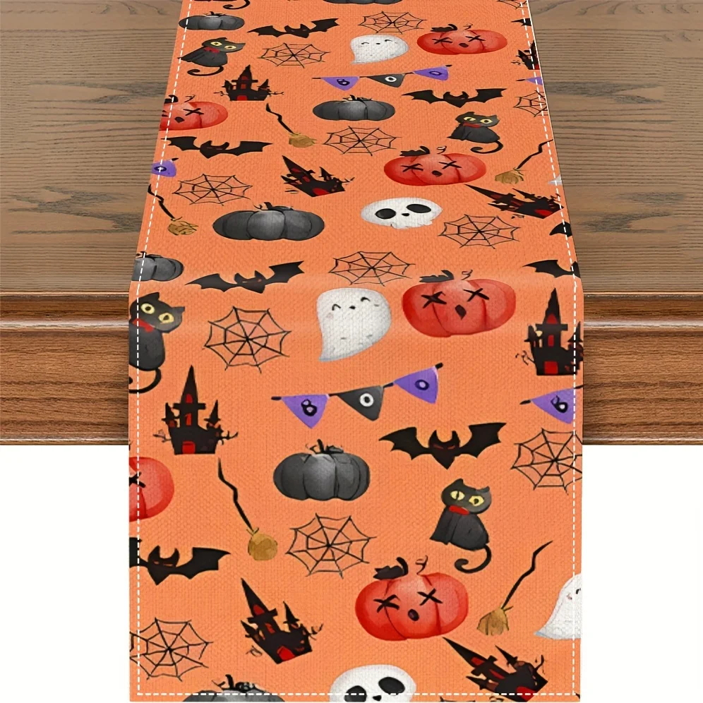 1 Piece of Halloween-Themed Table Runner with Bat, Spider Web, Ghost, Pumpkin, Head, and Castle Patterns, Suitable for Parties, Restaurants, Homes, Markets, and Holiday Decoration Scenes.