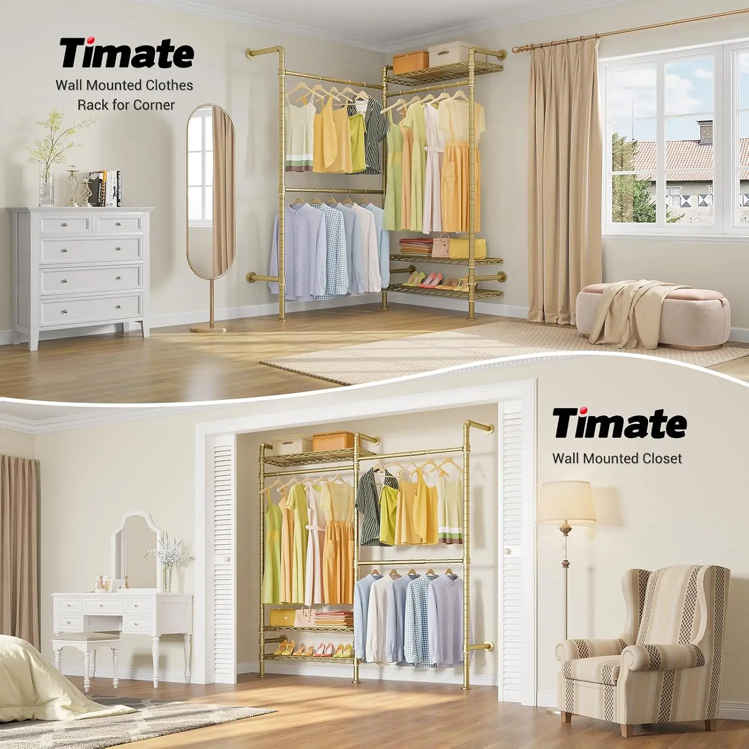 F2 Industrial Pipe Clothes Rack Wall Mounted Clothing Rack for Hanging Clothes, Expandable Garment Rack Heavy Duty Wardrobe Clos