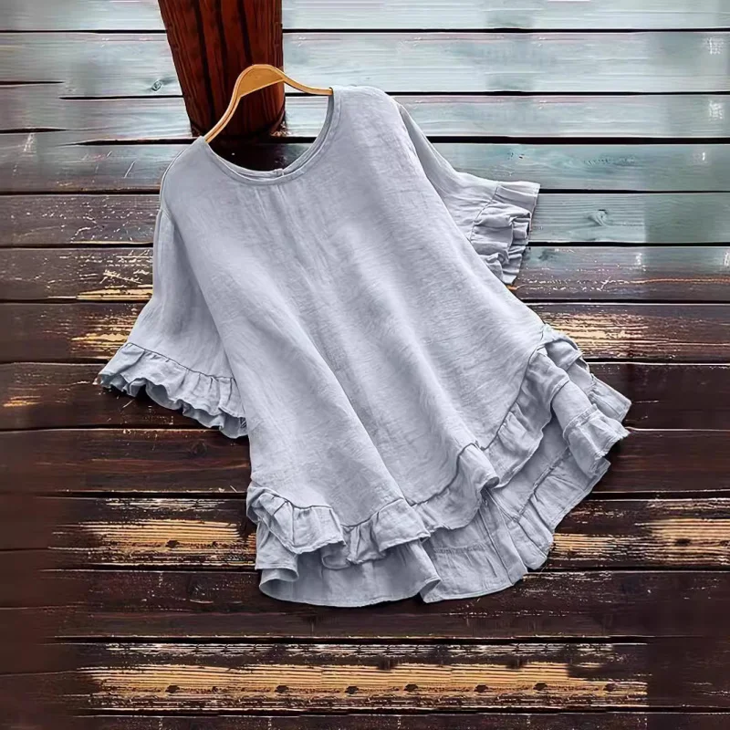 

New2025Popular Summer New Solid Color Loose Leaf round Neck Short Sleeve Button Women's Shirt