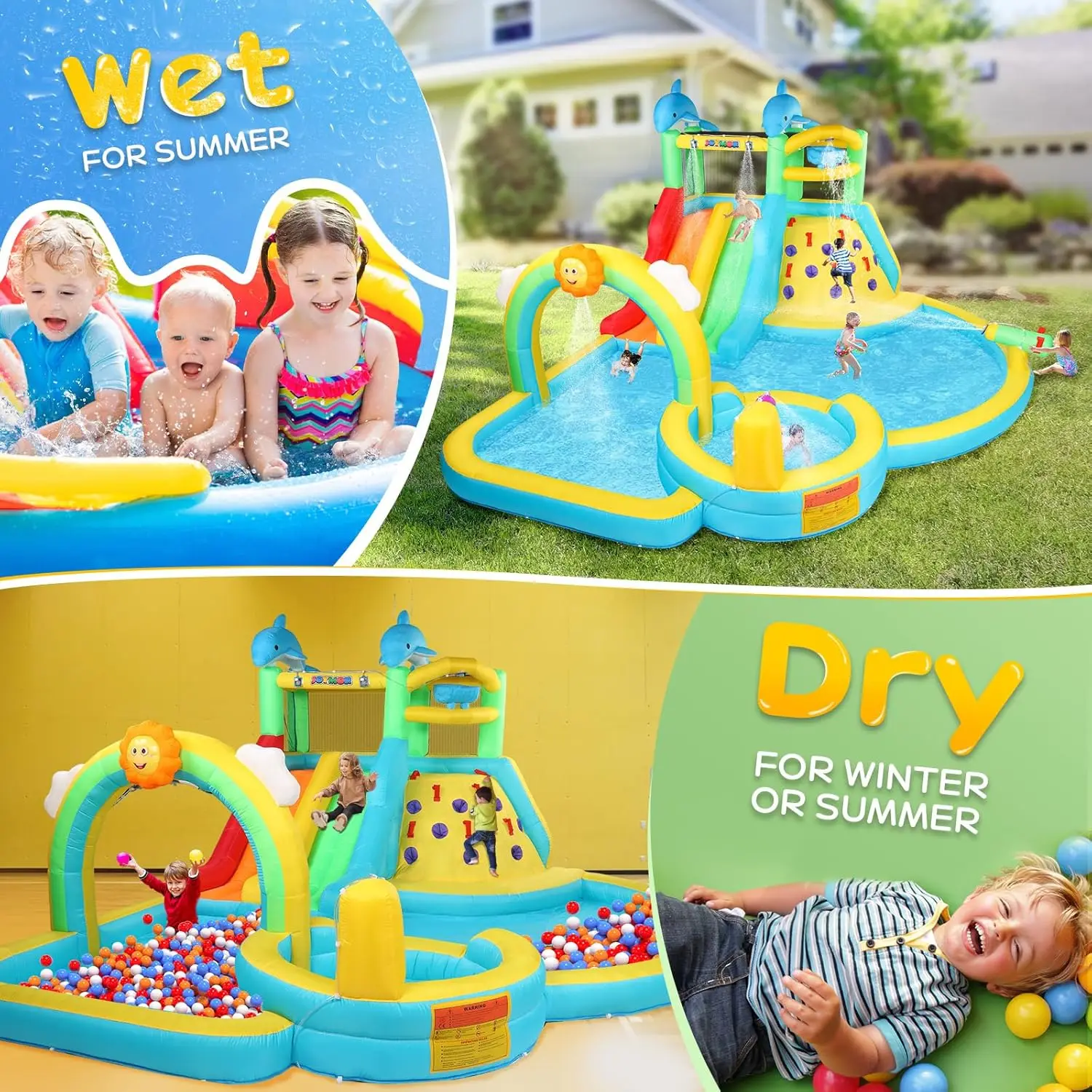 Inflatable Water Slide Bounce House w/Water Bucket, Climbing Wall, Pool, Rainbow Sprinklers, 1min Blow Up Water Slide 10-in-1 fo