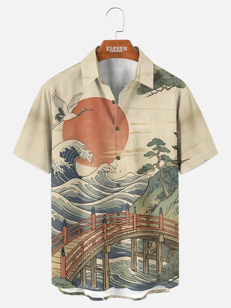 Japanese Style Ukiyoe 3D Print Men Casual Button Down Shirts Summer Fashion Shirt For Man Street Retro Short Sleeves Clothes