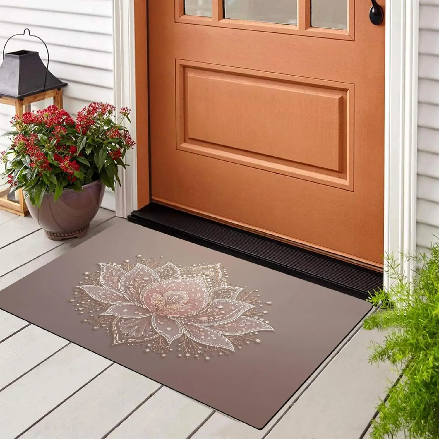 Mandala Lotus Doormat, Pink Gold Line Elegant Minimalist Pattern, Non-Slip Washable Mat for Entry Kitchen Bathroom Decor