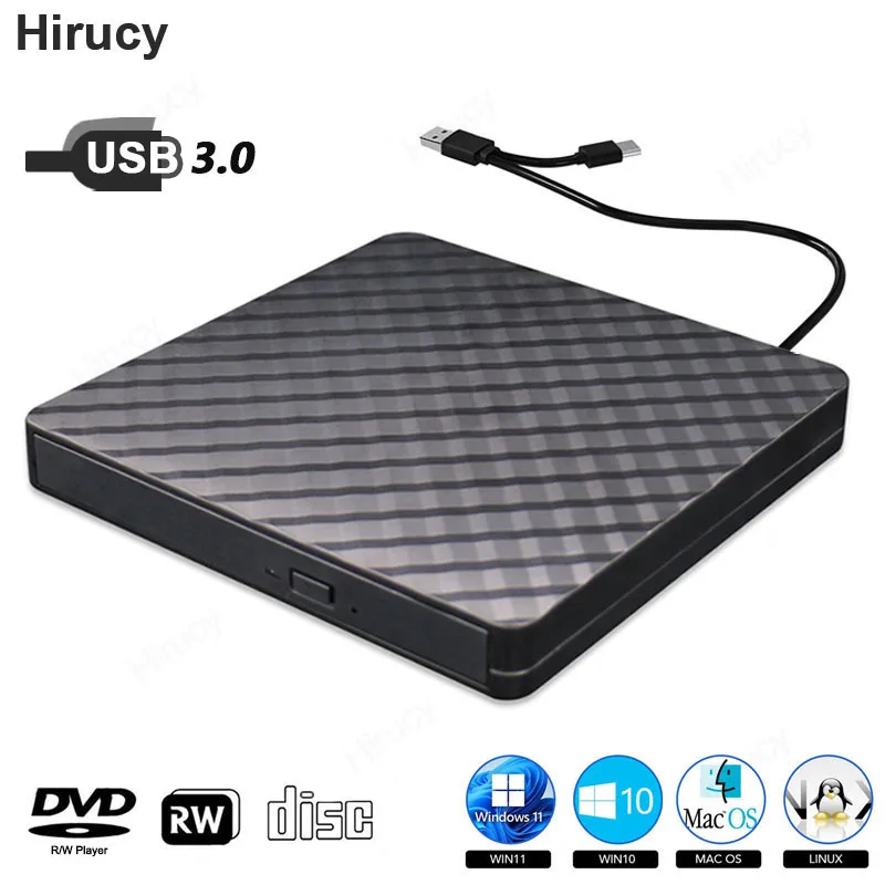 

Внешний CD DVD -/+ RW оптический привод USB 3.0 Type C Портативный DVD-Плеер ридер горелка для ПК ноутбука компьютера Windows 11 Mac