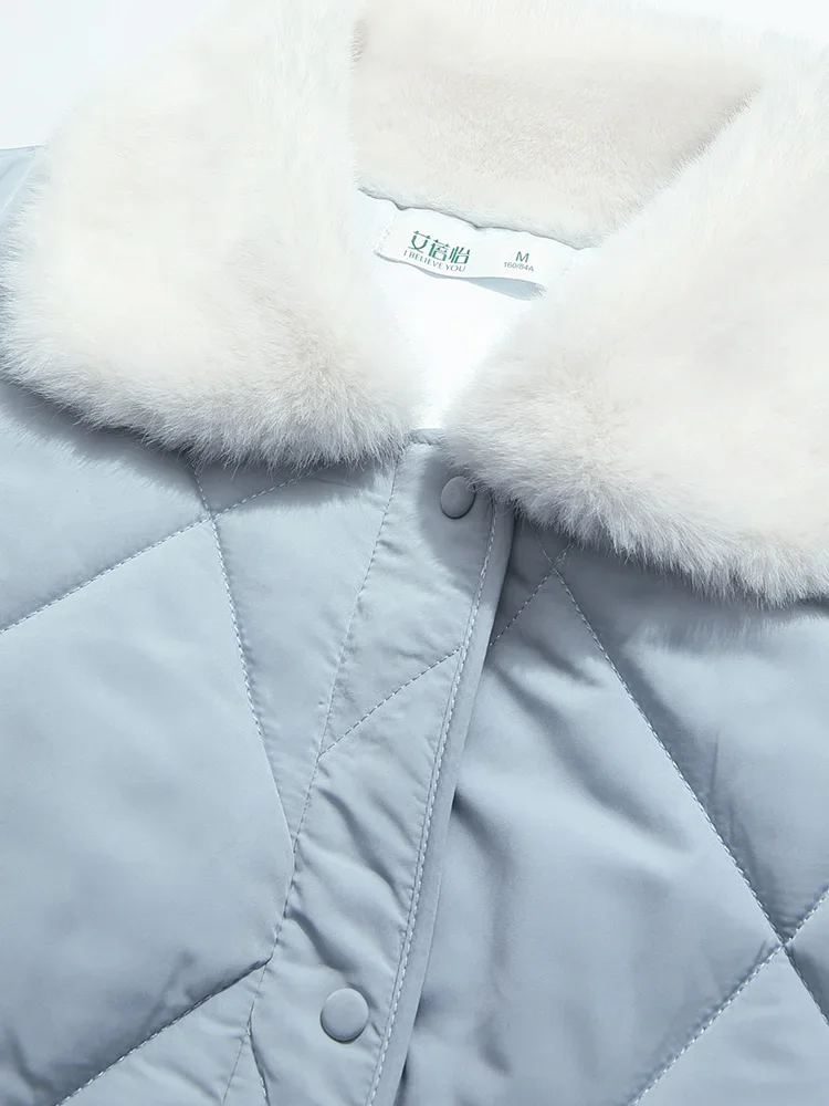 I BELIEVE YOU Warm Coat Fragrant Rhombus Padded Cotton Collar Cotton Jacket 2024 Winter Fur Collar Blue Cotton Jacket 2244155886