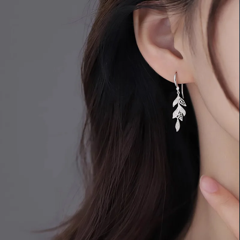 Sterling Silver Earrings Women's Plant Leaf Crystal Zircon Earhook Sweet Romantic Fashion Jewelry Couple Gift