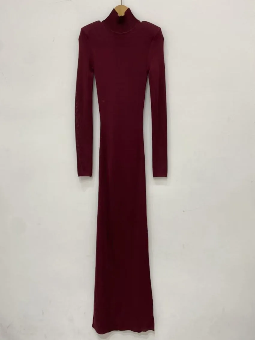 Sexy hollow high neck knit dress wine red stretch Slim shoulder pads long sleeve long women's dress 2025 Spring New - view 4