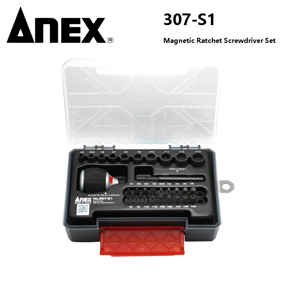 

ANEX 307-S1 Magnetic Ratchet Screwdriver Set 29Pcs 72 Gears 1/4 " with Socket and Extension Cable Japan Mini Wrench