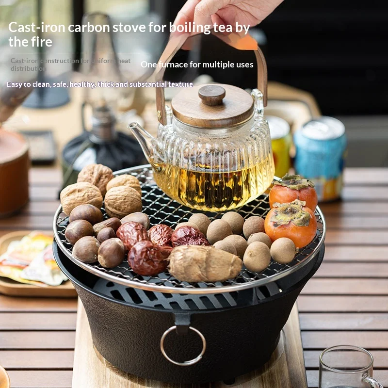 Cast Iron Charcoal Stove Chinese Style Thickened Liner Outdoor Indoor Multi Use Tea Brewing Barbecue Heating Stove Easy to Clean