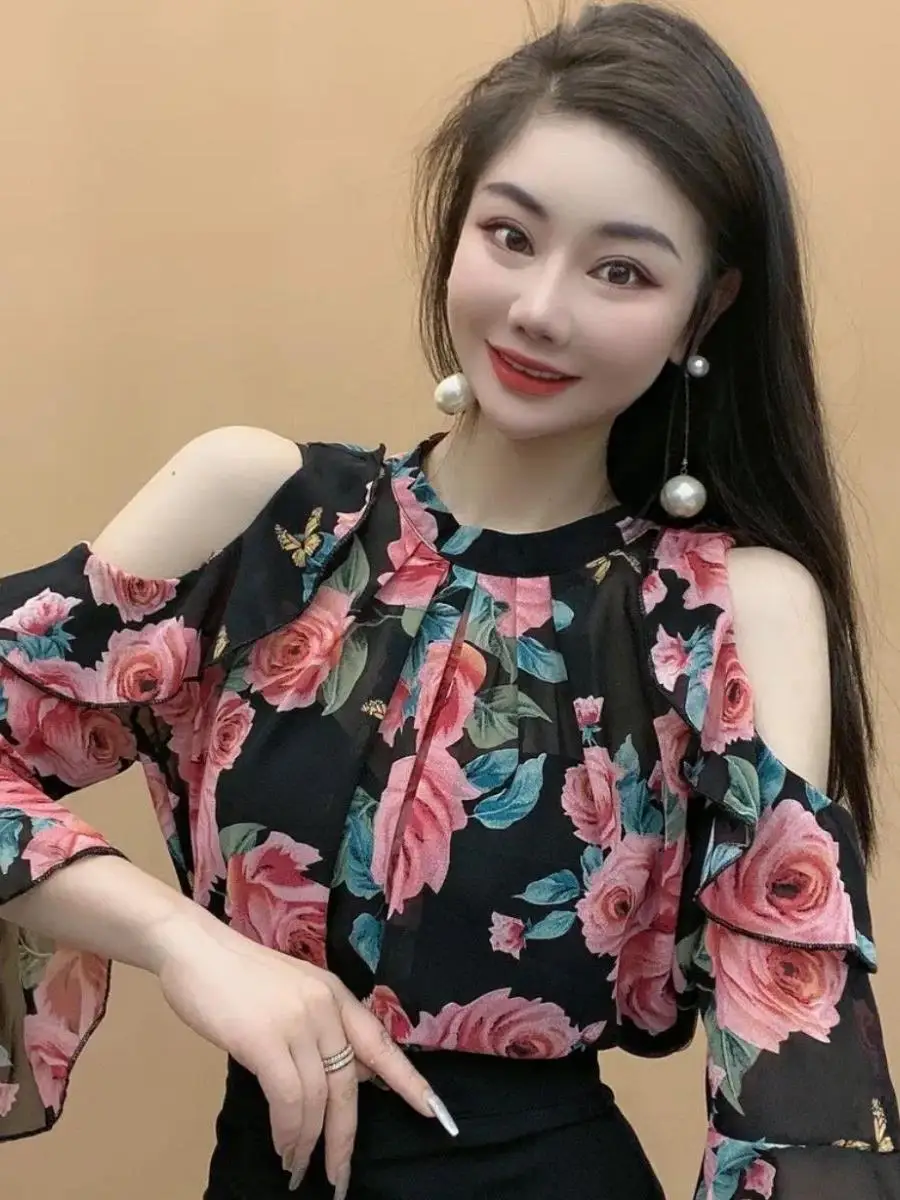 Floral Print Chiffon Shirt with Lace Trim Shoulder Bows And Bell Sleeves Korean Style Summer Top for Women Elegant Casual Wear