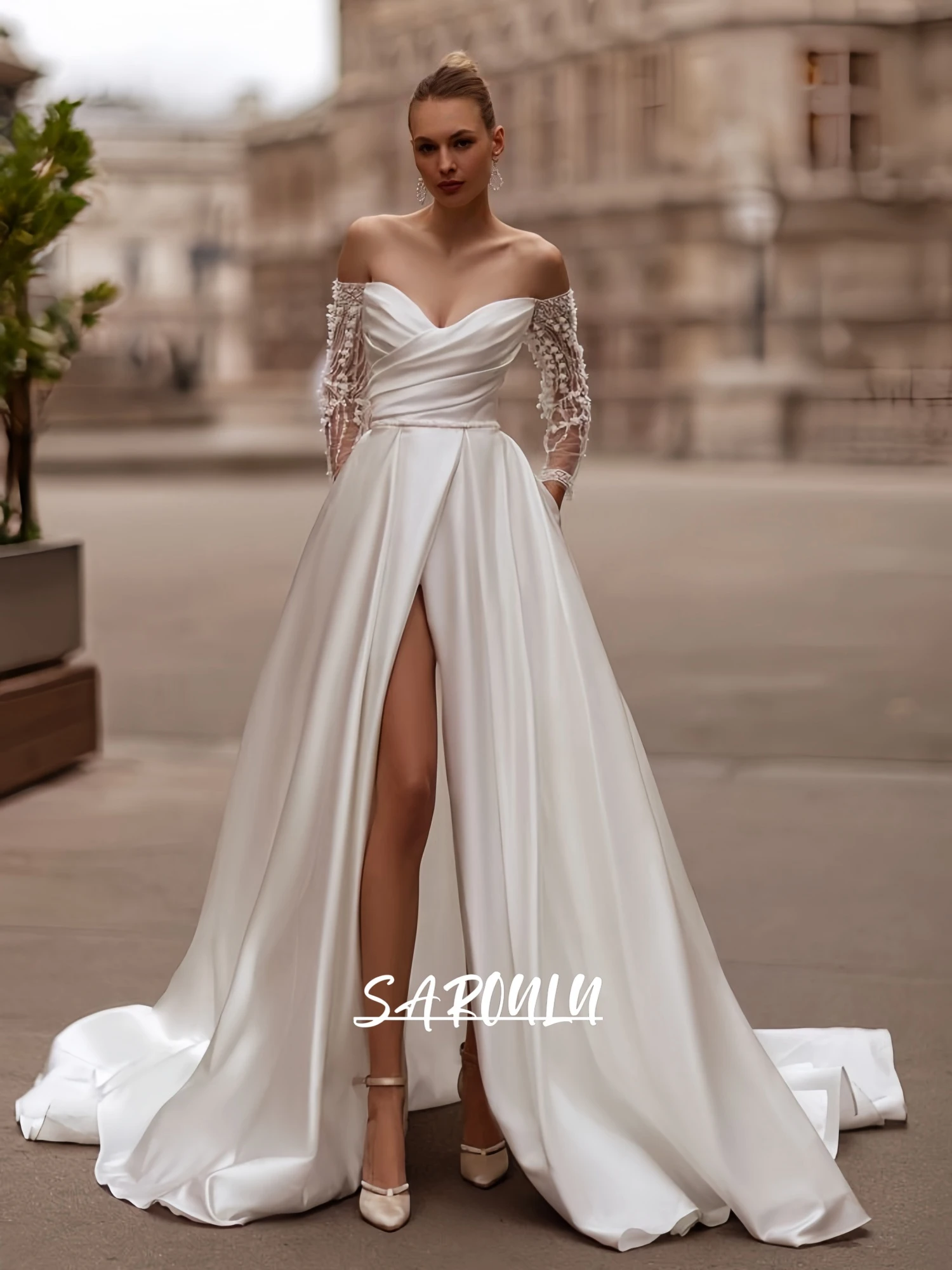 

Classic Satin Bride Dress, Off-the-Shoulder Lace Sleeves, Customized Long Wedding Dresses for Women with Court Train, SAROULU