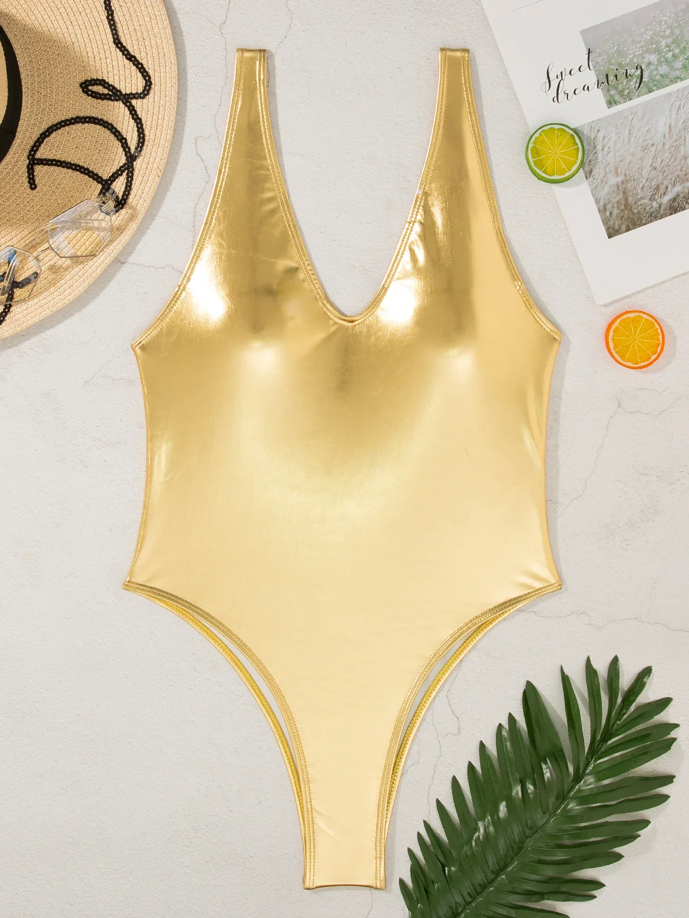 

Sexy Metallic Gold and Silver Swimsuit One Piece Deep V-neck Bikinis Swimwear Swimsuits Beach Outfits Bodysuit Biquini Tankini