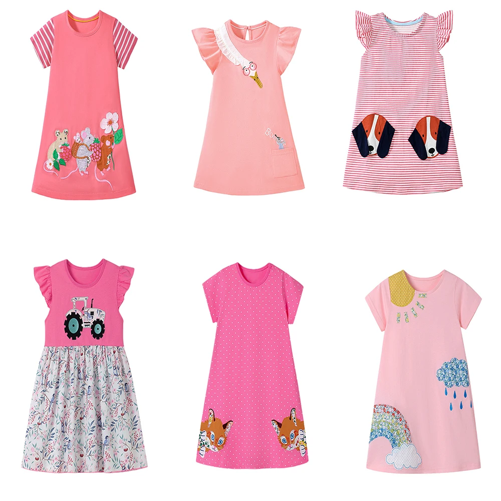 Jumping Meters  2-7 Years Striped Dog Summer Princess Baby Girls Dresses Applique Party Birthday Kids Short Sleeve Frocks