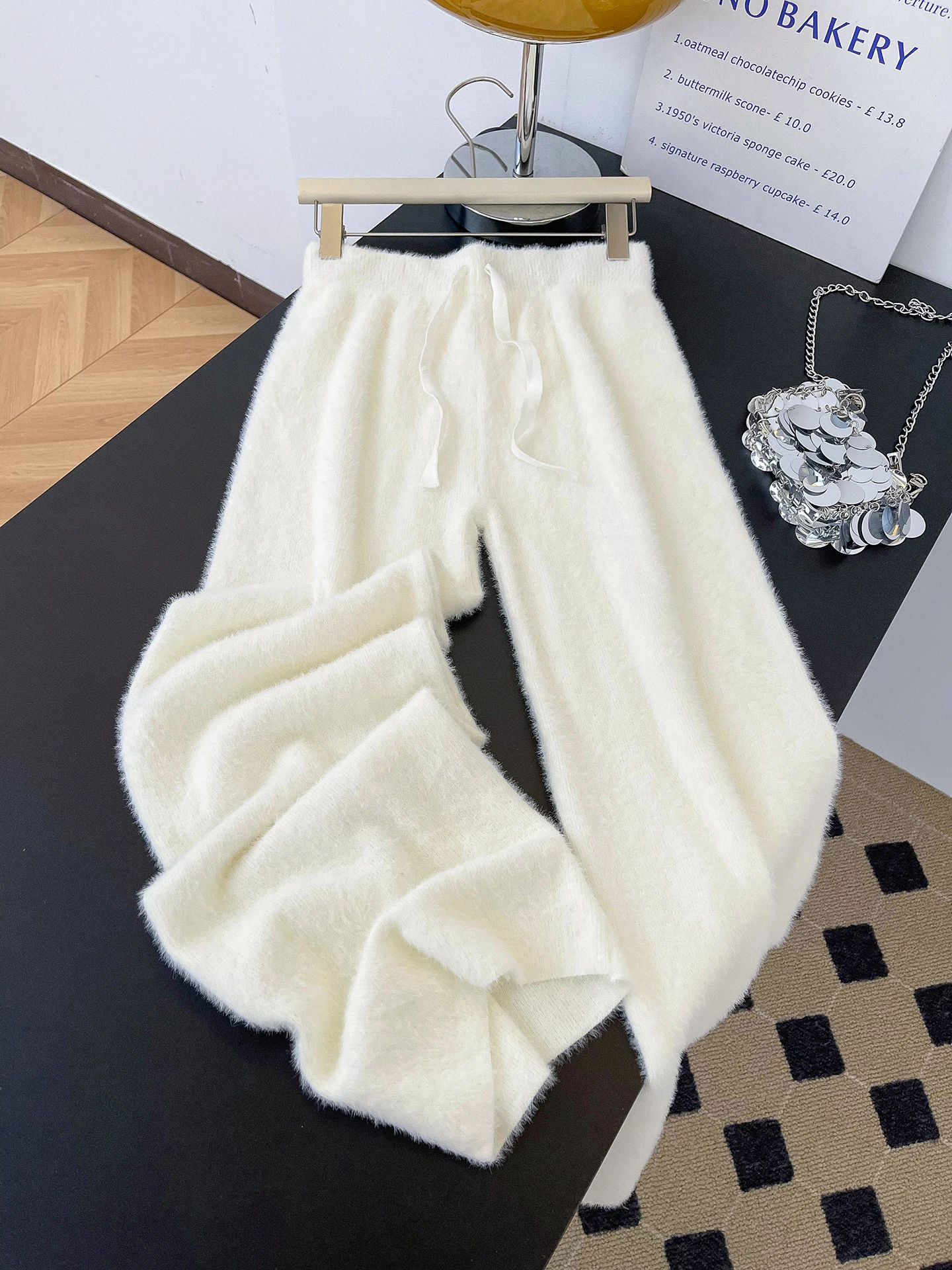 

Утепленные вязаные брюки-палаццо женские, свободные прямые повседневные брюки с высокой талией, осенне-зимние, с меховой отделкой