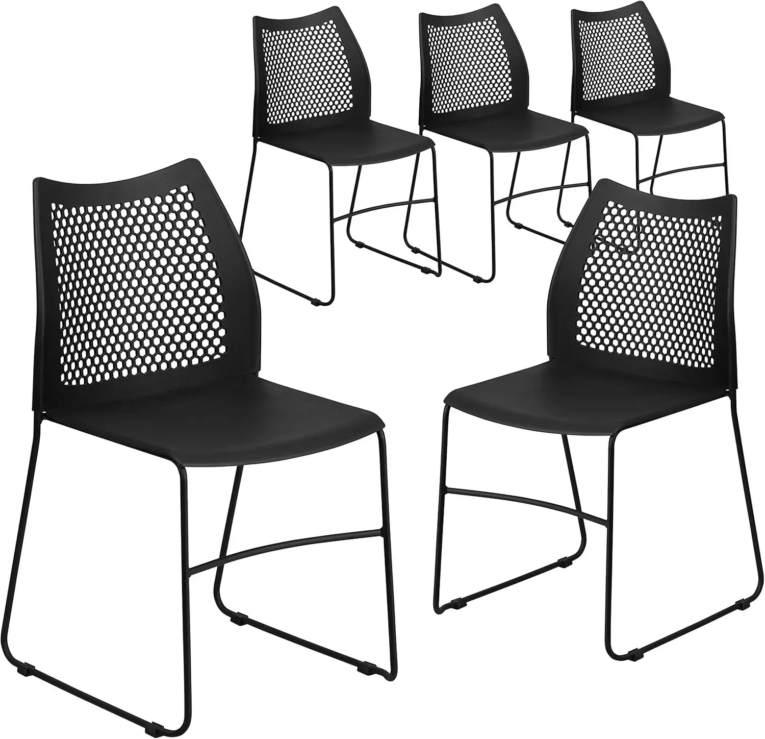 Hercules Series Contoured Lobby Chairs with Air-Vent Honeycomb Backs, Ergonomic Stacking Chairs for Offices, Set of 5, Black