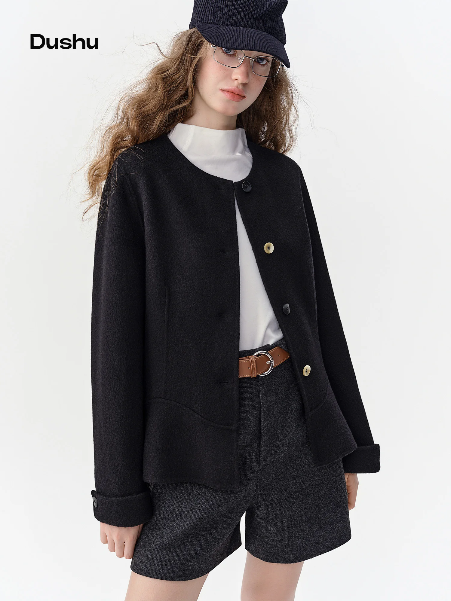 DUSHU 2026 Winter Women's Two-Tone Double-Faced Wool Coat with Ruffled Hem - Elegant Chic Versatile Outerwear for Daily Wear