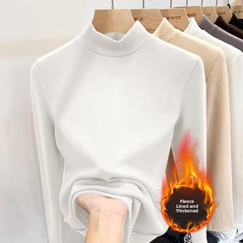 Thickened Double-sided Velvet Warm Base Shirt Women's Half High Collar Autumn Winter Slimming Flocking Long Sleeve Pure Color...
