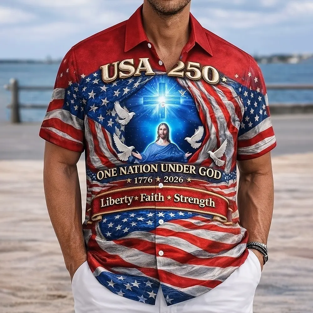 Men's Jesus US Flag America's 250th Anniversary Shirt Button Up Shirt Short Sleeve Patriotic Outdoor Holiday Summer Spring