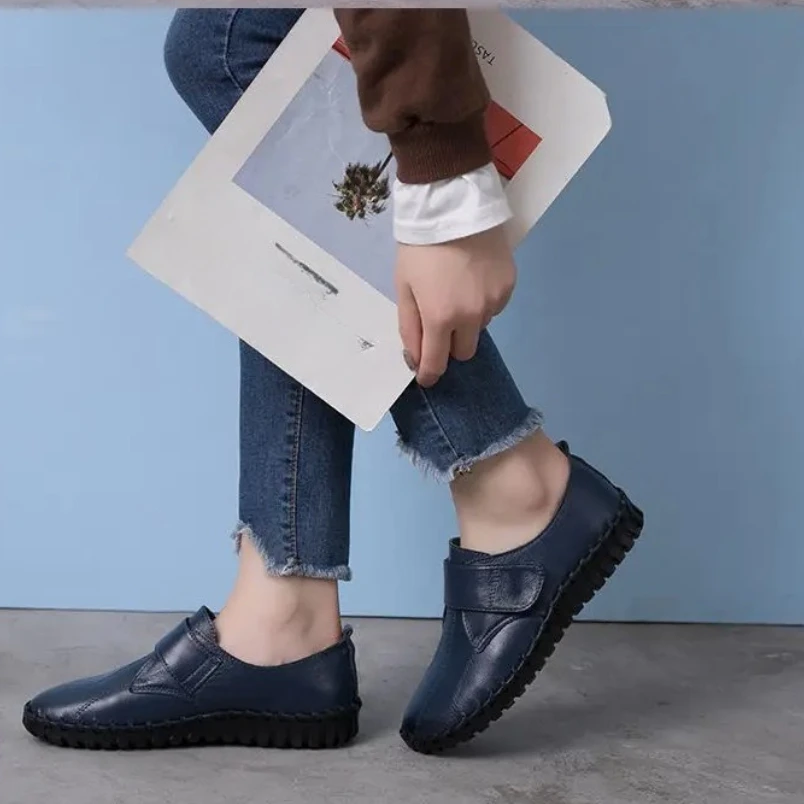 2025 أحذية من الجلد الحقيقي للمرأة الخريف الشقق الإناث هوك حلقة أحذية تقويم العظام حجم كبير 42 المرأة المتسكعون #5