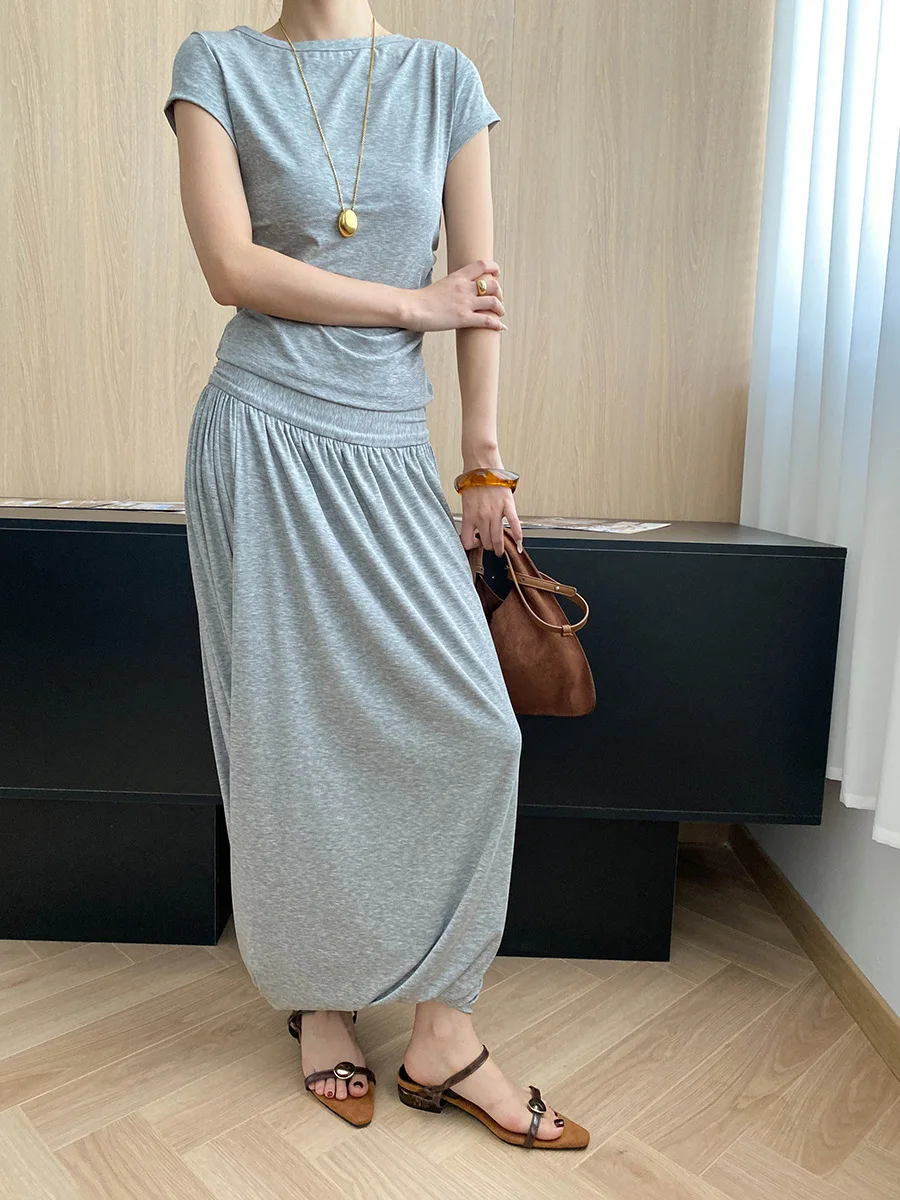 

Summer women's casual solid color round neck short sleeved slim fit T-shirt+high waist skirt set