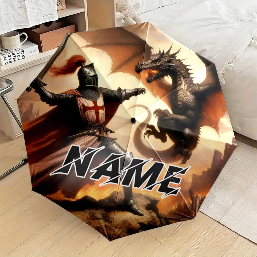 Paraguas con Nombre Personalizado, "Paraguas de Fantasía con Diseño de Batalla Épica de Caballero contra Dragón", Paraguas Plegable para Días Soleados y Lluviosos, Regalo