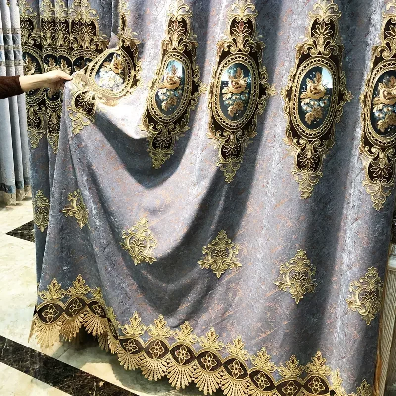 

European Hollow Embroidery Luxury Curtains for Living Room Bedroom Dining Window Blackout Tulle Valance Chenille Blue Custom